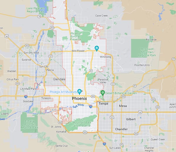 Map of area's serviced by Diamondback Flooring, a Phoenix, AZ, flooring store.